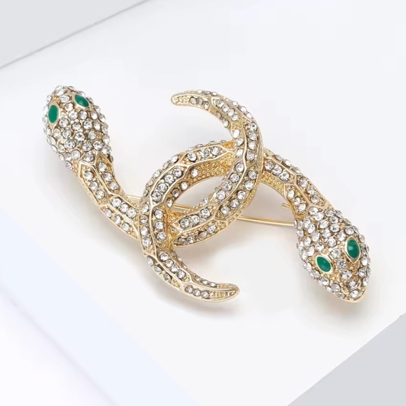 Serpenti Snake Gold Crystal Green Eyes Brooch - Picture 4 of 9
